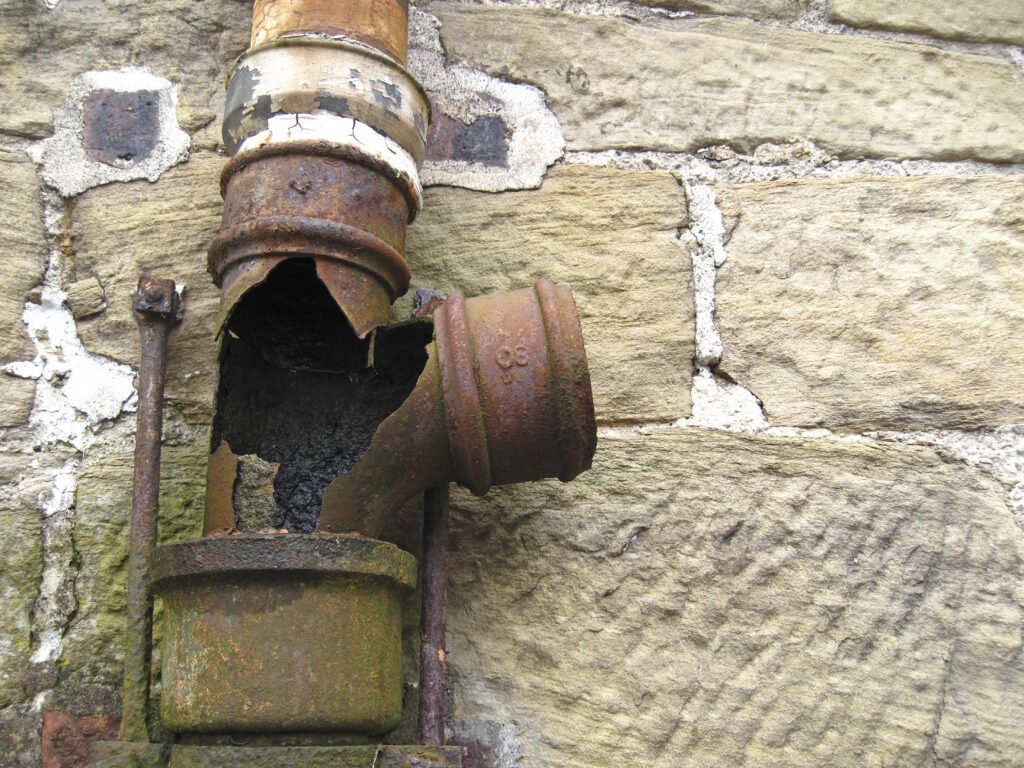 Rohrbruch – beschädigtes Außenrohr mit starkem Wasserschaden